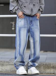 Claim Dot Plus Size Men's Pocketed Wide Leg Loose Casual Denim Jeans - Blue - View 1