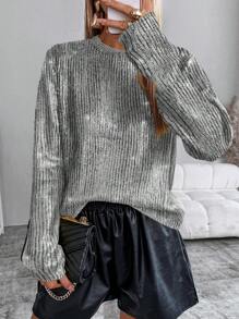 SHEIN Clasi 女士休闲宽松圆领长袖毛衣，带箔印花，秋冬