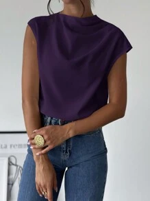 Firerie 女士优雅简约商务办公室漏斗领不对称肩部褶皱修身衬衫 - 紫色 - 查看 2