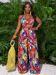 Slaydiva Holiday Elegant Sexy Sleeveless Marble Pattern Hollow Waist Wide Leg Jumpsuit - Multicolor - View 4