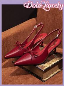 Dola Lovely Papuci cu toc înalt pentru femeie, roșu de vin, cu fundă, cu design cu cureaua pentru spate, Ziua Îndrăgostiților
