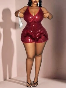 Slaydiva Plus Size Women Holiday Solid Color Sequin Decorated Romper,Valentine's Day
