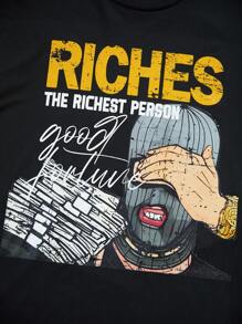 Manfinity EMRG Best - Selling On INS! This Men's Black T - Shirt Is In A Young Street Style. There Are Eye - Catching Patterns And Words On It. "RICHES" Is Written In Orange - Yellow Letters Right At The Top, And "THE RICHEST PERSON" Is In White Letters Below. In The Pattern Part, There Is A Figure Wearing A Gray Hat, Covering His Face With His Hand, And There Are Also Elements Of Stacked Banknotes Nearby. The Overall Style Is  Full Of Personality.Men's Slogan Print Round Neck Short Sleeve Casual T-Shirt - Black - View 5