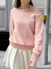 Jouncy Suéter holgado y casual de unicolor con hombro oblicuo y manga larga para mujer, apto para otoño/invierno