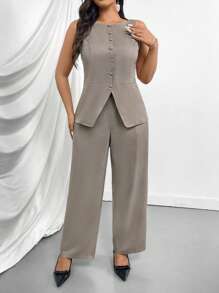 Firerie Plus Size Women's New Commuter Fake Pocket Decor Boat Neck Khaki Valentine Suit Vest Open Front Jacket & Suit Pants 2 Pieces Set
