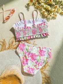 SHEIN Tween Girl Floral Print Vacation Beach Swimwear Set - Multicolor - View 2