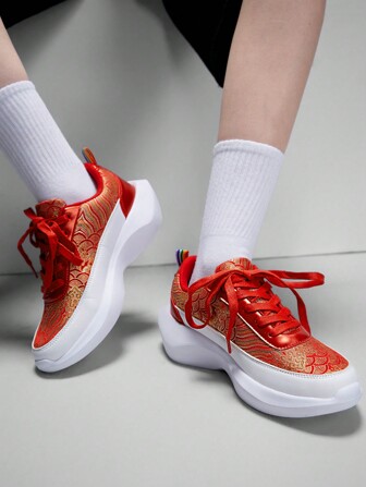 Vate Women's Casual Beige Fashionable Outdoor Chunky Sneakers, Shock-Absorbing, Suitable For Daily Wear, Vacation, Gifts, Thick Sole Platform Wedge Chunky Sneakers Red For And New Year Holiday Vibe Fall And Winter Trainers