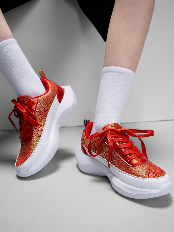 Vate Women's Casual Beige Fashionable Outdoor Chunky Sneakers, Shock-Absorbing, Suitable For Daily Wear, Vacation, Gifts, Thick Sole Platform Wedge Chunky Sneakers Red For And New Year Holiday Vibe Fall And Winter Trainers