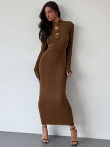 Aloruh Young Women's Minimalist High Neck Long Sleeve Fitted H-Hem Dress, Mixed Yarn Splicing Design, Casual Commuter Dress