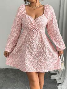 Flirla Damen Große Größen Kleid mit V-Ausschnitt, geraffeter Taille, Jacquard-Muster und Langarm, Osterbekleidung - Pink - Übersicht 5