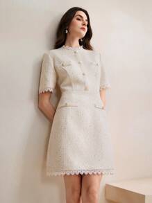 Anewsta 女士修身蕾丝边闪亮纽扣迷你连衣裙，海军蓝