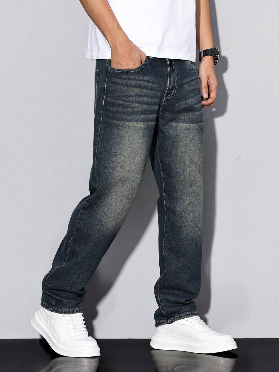 Manfinity Homme Men's Loose Fit Straight Leg Casual Jeans With Pockets - Blue - View 1