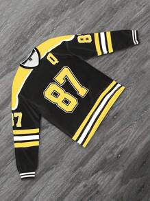 Manfinity Hypemode Sudadera de manga larga cuello en V informal con rayas numéricas para hombre, otoño/invierno