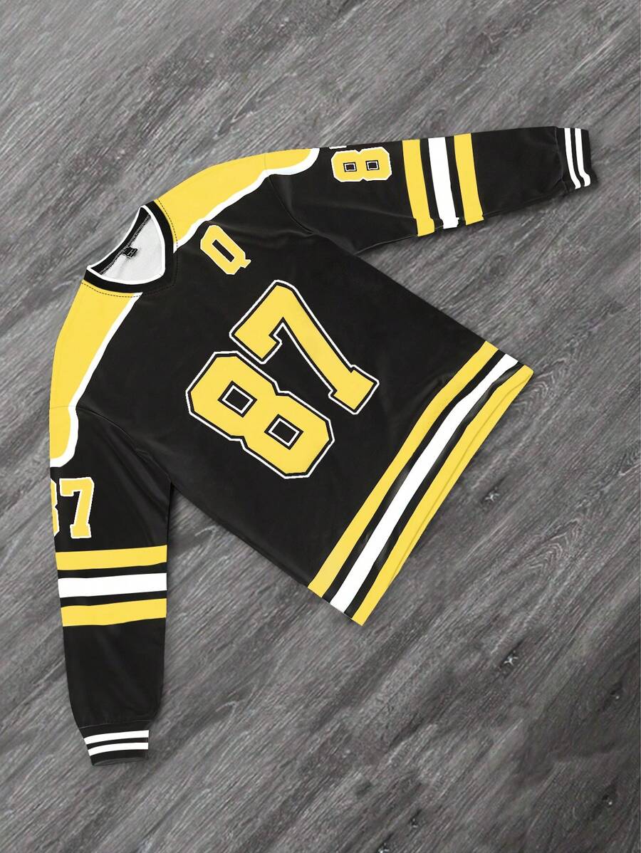 Manfinity Hypemode Sudadera de manga larga cuello en V informal con rayas numéricas para hombre, otoño/invierno