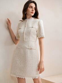 Anewsta 女士修身蕾丝边闪亮纽扣迷你连衣裙，海军蓝