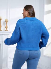 Plus Size Casual Solid Color Drop Shoulder Sweater, Autumn/Winter Knit Pullover Fall Sweater - Blue - View 2