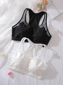 2 件装棉质青少年女童运动吊带背心日常穿着，黑色和白色 - 黑與白 - 查看 1