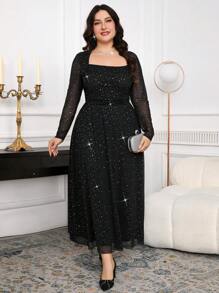 Modelyn 大码女式天鹅领水钻网眼长袖优雅连衣裙 - 黑色 - 查看 4