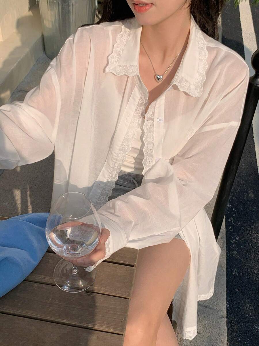 DAZY Áo cánh rộng rãi, tay dài, ren, dáng rộng, dáng suông, dáng rộng cho nữ, quần áo mùa thu cho nữ - trắng - Xem 1