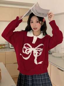 DAZY Women's Round Neck Loose Fit Bow Design Knitted Sweater Fall,Winter - Red - View 4
