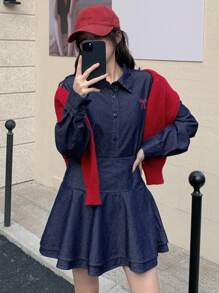 DAZY Women's Casual Denim Shirt & Skirt Suit, Simple & Fashionable For Everyday Wear - Dark Wash - View 5