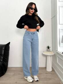 EURMUSE High Waist Wash Detailed Straight Jean - Light Wash - View 4