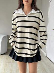 Muchica Women Casual Striped Long Sleeve Loose Turndown Collar T-Shirt, Autumn