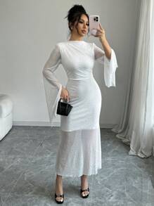 SHEIN Unity 性感修身半透视超长袖高开叉连衣裙 - 白色 - 查看 4