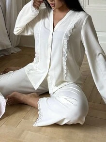 女士撞色蕾丝纽扣衬衫和裤子睡衣套装，秋冬服装 - 白色 - 查看 3
