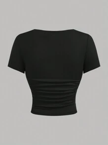 SHEIN Leap Crew 少女春夏情人节~清新少女风黑/白/红针织收腰方领短袖T恤上衣/优雅基础款/多件搭配情人节/休闲日常运动上衣/方领/收腰 - 彩色 - 查看 10