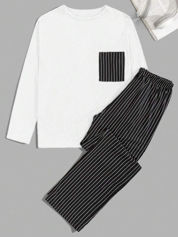 EURMUSE Ensemble de pantalon rayé et Top manches longues régulier pour homme, tenue d'intérieur