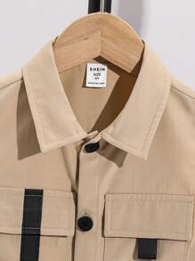 SHEIN Leap Crew 3 件套男童实用背心、短裤和 T 恤套装 - 卡其色 - 查看 4