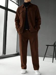 Manfinity Homme Men's Solid Color Long Sleeve Single-Breasted Jacket And Pants Casual Suit Set, Men Brown Outfit Men Plain Front Button Long Sleeve Jacket And Pants Set - Coffee Brown - View 2