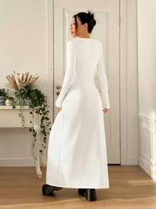 SHEIN EZwear 秋冬女士纯色长袖休闲修身纽扣长款开衫 - 白色 - 查看 2