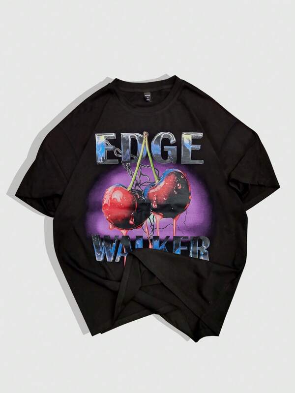 ROMWE MEN Street Life 男士圆领短袖樱桃印花简约休闲上衣，适合日常穿着