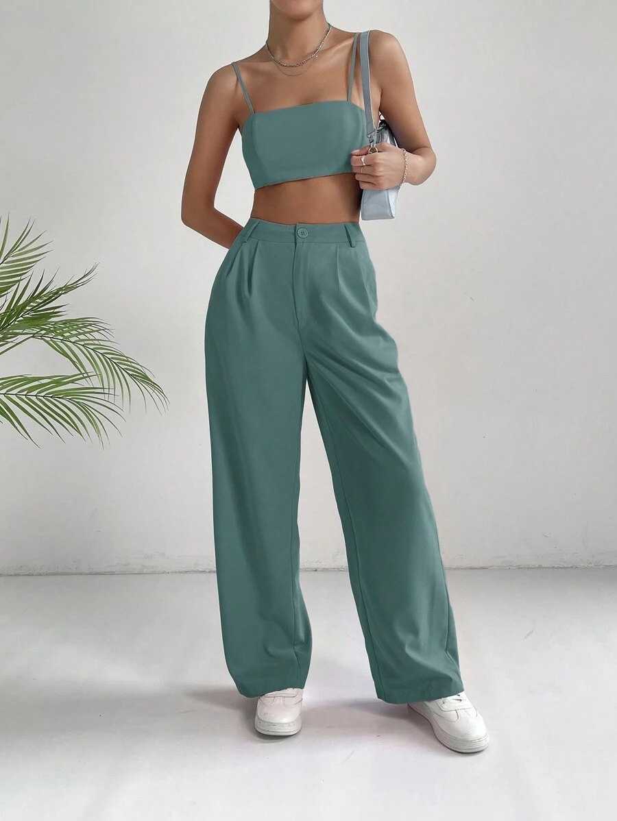 Muchica Commuting Style Pink Solid Crop Cami Top & Wide Leg Pants - Teal Blue - View 1