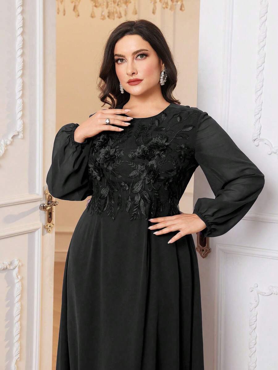 Modelyn 大码花卉刺绣圆领长袖休闲直筒连衣裙