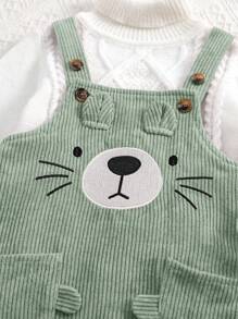 SHEIN Newborn Baby Girl Cute Versatile Autumn/Winter Corduroy Cartoon Print Bib & Overall - Green - View 12