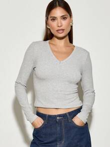 AiiRZ V 领前拉链长袖罗纹 T 恤 - 灰色 - 查看 1