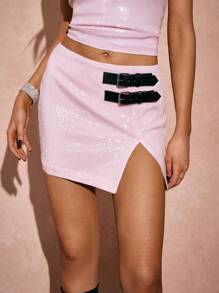 Poéselle Sequin Bodycon Skirt With Slit Hem, Mini Skirt For Women,Pink Skirt For Holiday Party Wear Or Going Out - Pink - View 4