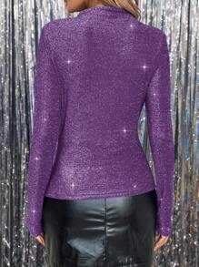 SHEIN Clasi Warm And Comfortable Winter For Women, Elegant Long Sleeve T-Shirt, Sparkling Christmas Outfits, Ladies' With Pleats Asymmetrical Top,Suitable For Wearing On Christmas Or At Parties - Purple - View 2