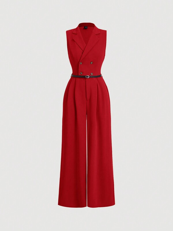 SHEIN MOD Plus Size Women Red Lapel Jumpsuits, Khaki, Elegant