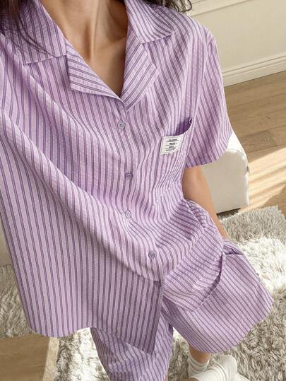 DAZY 简约条纹短袖短裤睡衣套装