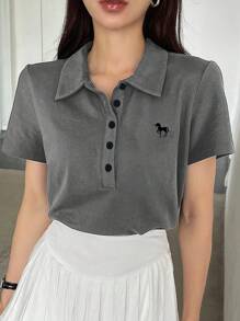 DAZY Women Mustang Print Loose Fit Casual Polo Neck T-Shirt, Short Sleeve