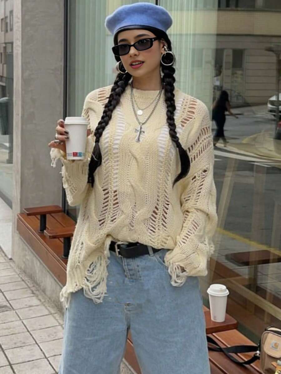 宽松休闲镂空麻花针织超大码女式长袖毛衣，秋冬针织套头衫