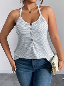 Calvaya 大码女式夏季条纹可调节细肩带针织修身度假休闲别致细肩带吊带背心，背面带纽扣设计 - 彩色 - 查看 5