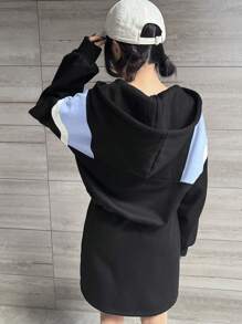 FRIFUL 女款秋季字母印花長袖連帽洋裝，拼色拼接設計，秋季女裝校園風 - 黑色 - 查看 5
