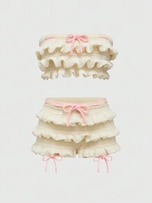 ROMWE Kawaii 2pcs Set Retro Y2K Cute Ruffle Hem Shorts And Sweet Women Sweater - Apricot - View 1