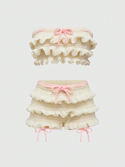 Kawaii 2pcs Set Retro Y2K Cute Ruffle Hem Shorts And Sweet Women Sweater