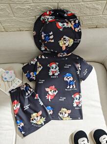 Unisex Baby 3-częściowy zestaw: uroczy t-shirt z krótkim rękawem i nadrukiem szczeniaka, spodenki i kapelusz typu bucket, wygodny i uniwersalny dla dziecka na każdą letnią okazję